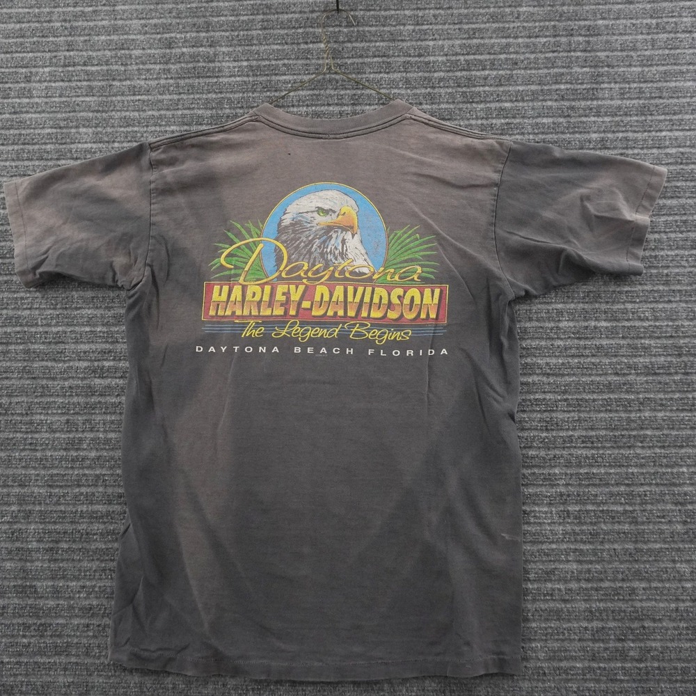 Vintage 90s Harley-Davidson T-Shirt L Faded Black Daytona Beach Wide Full Open